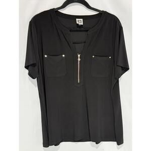Anne Klein Black Short Sleeve Top with Front Zipper and Pockets